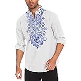 COOFANDY Men's Henley Shirt Vyshyvanka Long Sleeve African Print Shirts Casual Zip Up Cotton Linen Beach Hippie Shirt