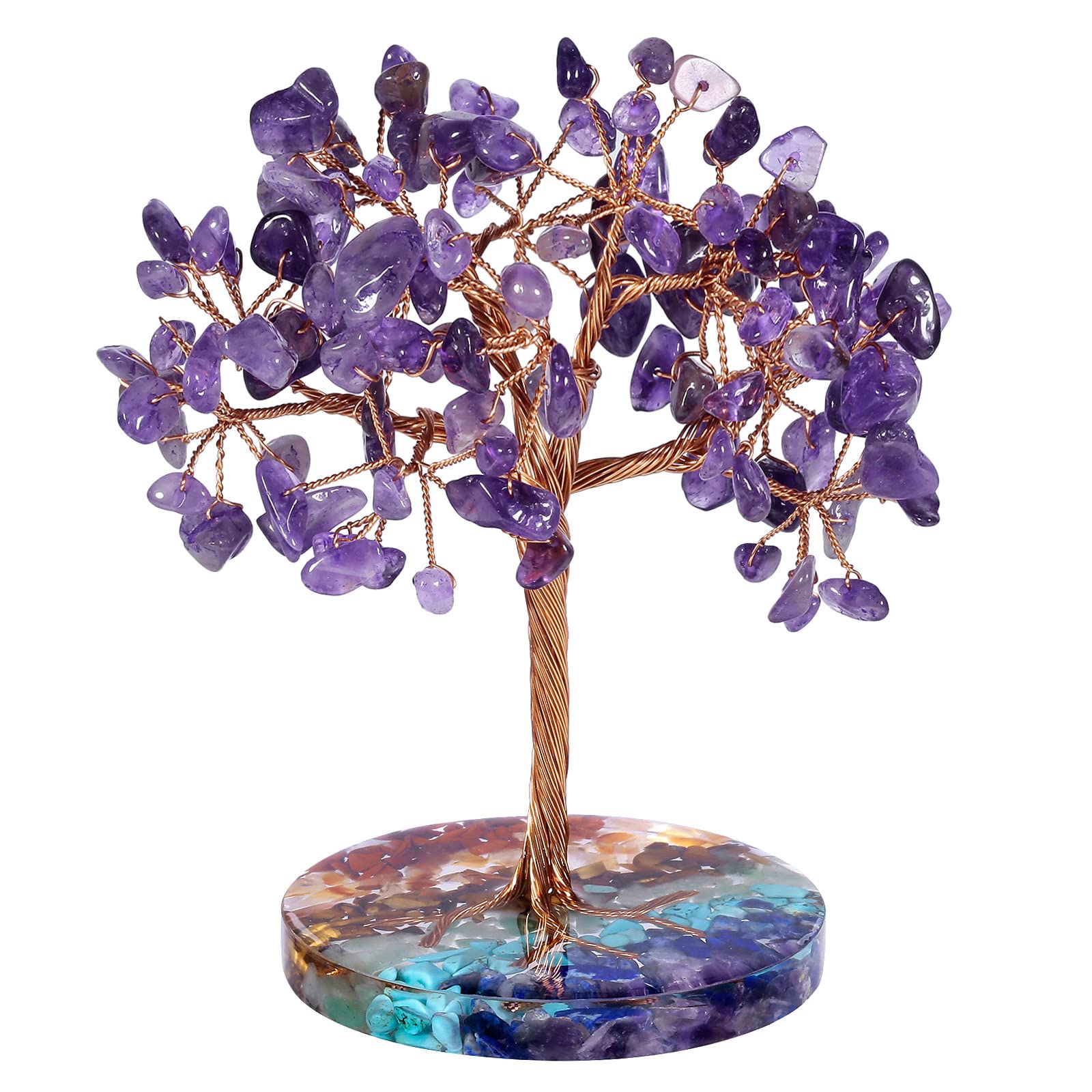 Nupuyai Amethyst Crystal Money Tree with 7 Chakra Base, Energy Healing Good Luck Tree Figurines Fengshui Crystals Ornament for Home Office Decor