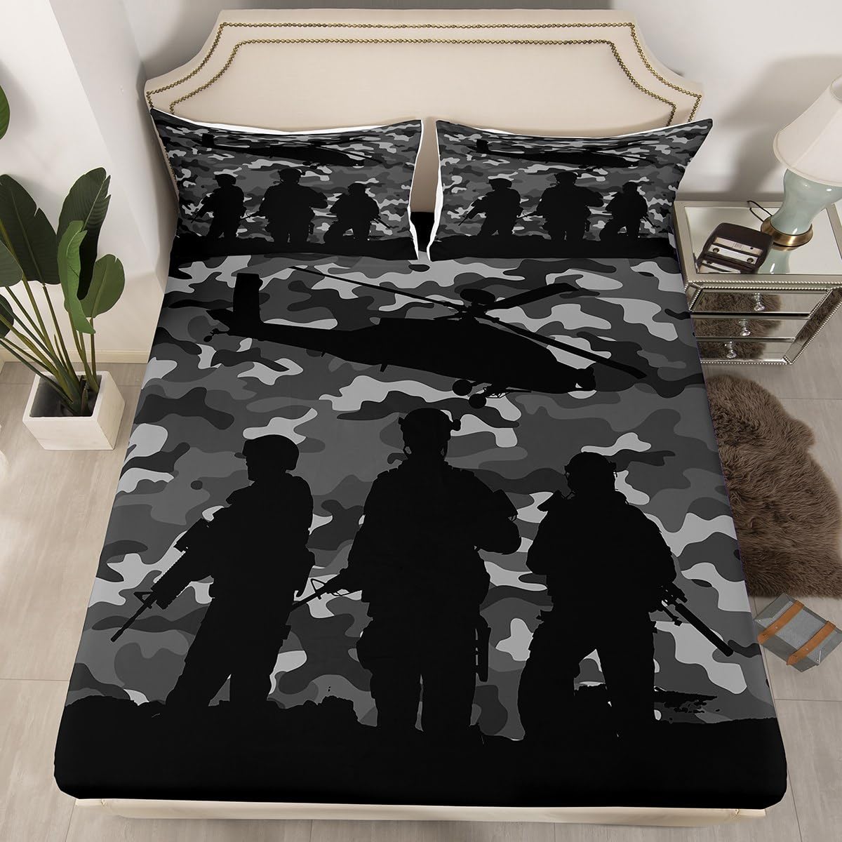 American Soldier Fitted Sheet Double Size, Cartoon Aircraft Bedding Set 3pcs for Kids Boys Room Decor, Army Grey Camouflage Bed Cover with 2 Pillowcases, Soft Polyester Bedding
