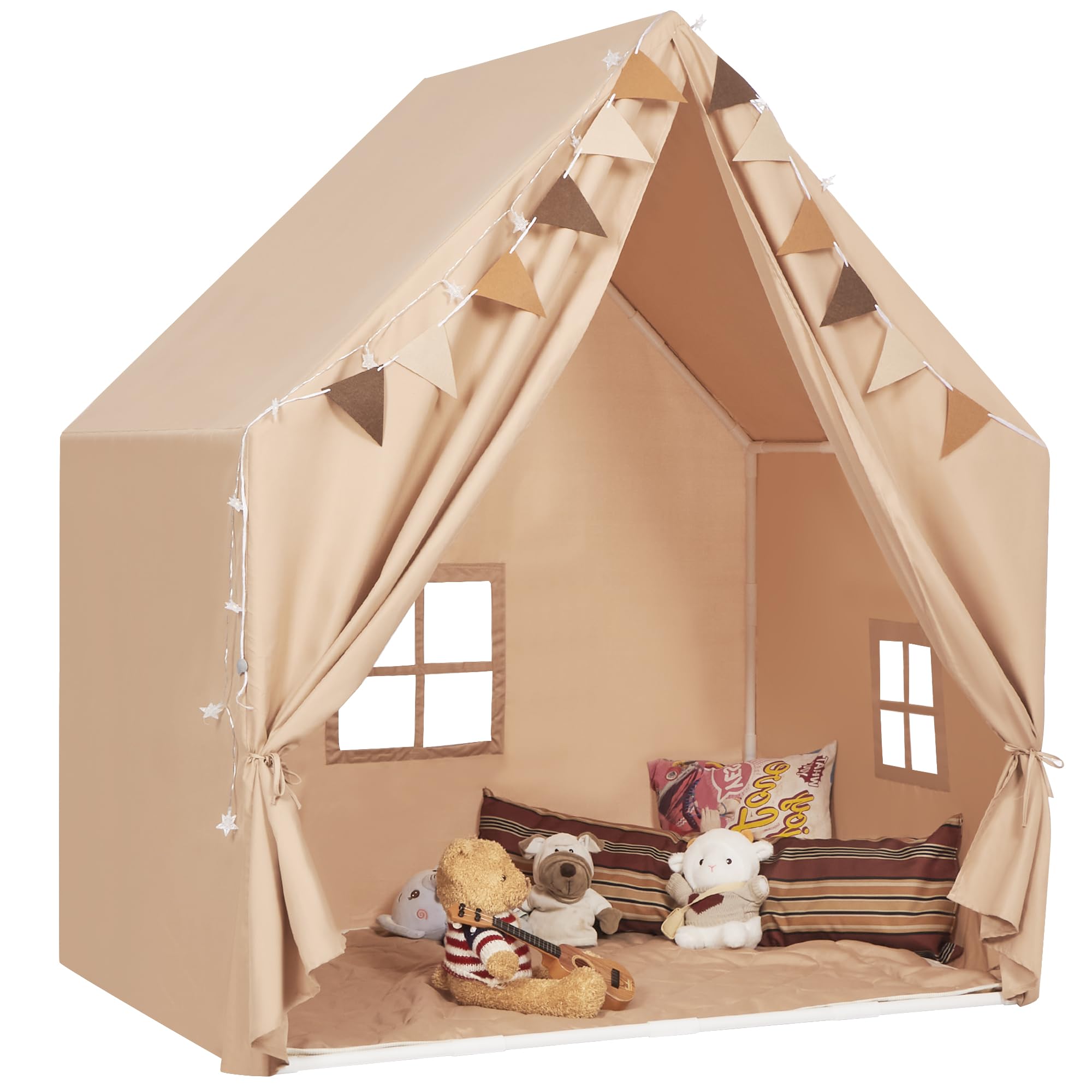 Kids Play Tent with Padded Mat & Star LED Lights for Ages 4-8-10 Year Old Girls Boys, Large Cute Indoor Play Room House Tent for Toddler Children