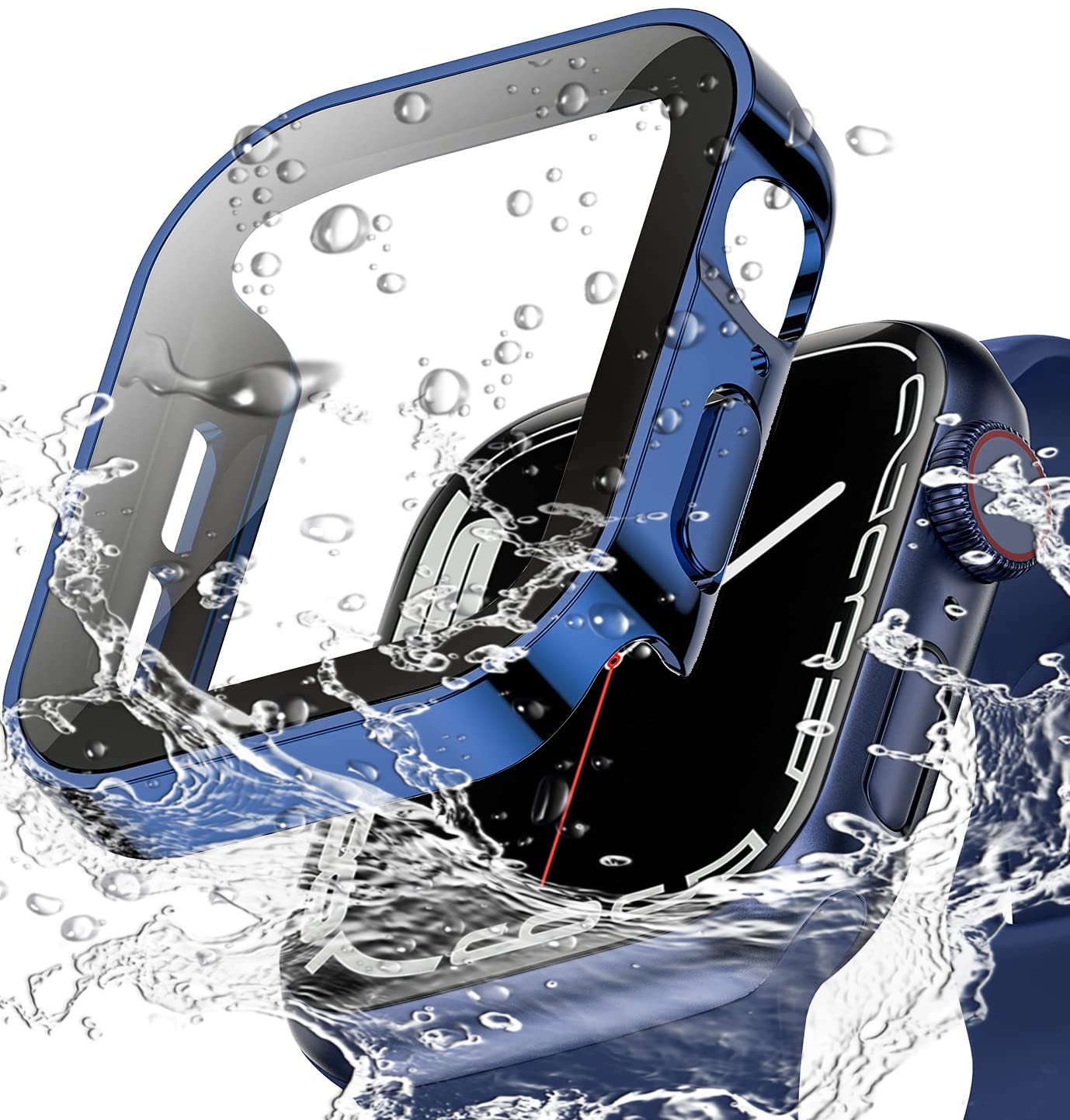 Miimall Waterproof Tempered Glass Case Compatible with Apple Watch Series 8/Series 7 41mm, PC Screen Protector Shell All-Around Protection Plating Frame Film Case For iWatch 41mm-Blue