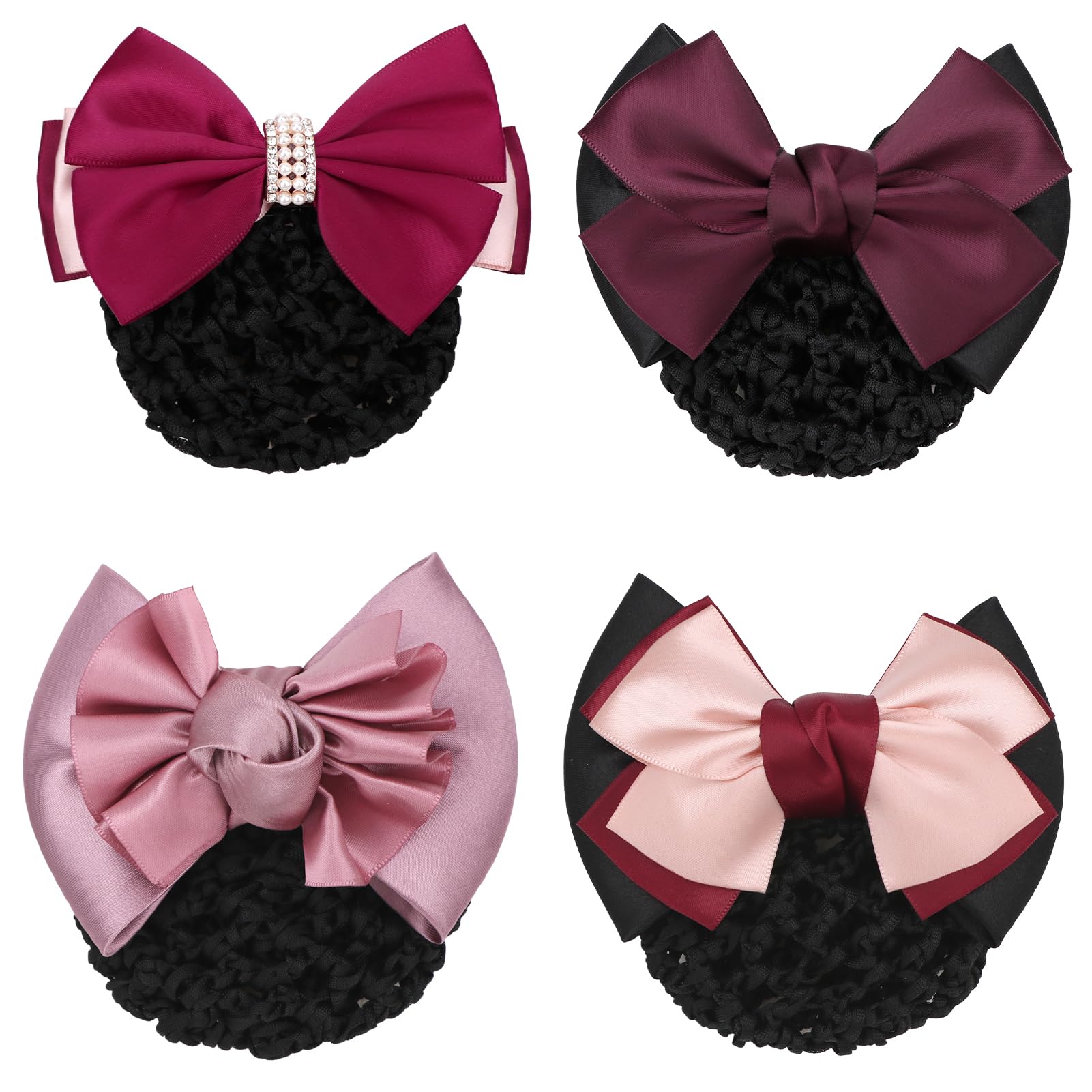 kilofly 4pc Women's Two-Way Snood Net Bow Barrette Hair Clip Bun Cover Set