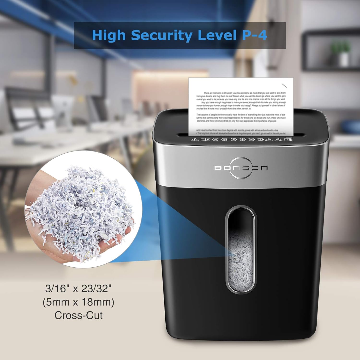 BONSEN Paper Shredder, 8-Sheets Cross Cut Paper Staples and Credit Card, High Security Level P-4 Shredder for Office Home Use with 3.96 Gallons Wastebasket, Black : Electronics