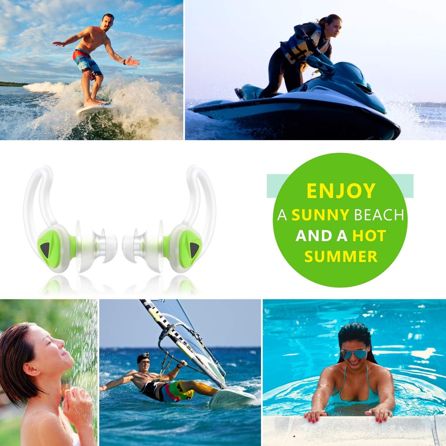 Swimming Ear Plugs, New Upgrade Design Waterproof Reusable Silicone Swim Ear Plugs for Swimmer Showering Bathing Surfing Snorkeling and Other Water Sports (Green): Health & Personal Care