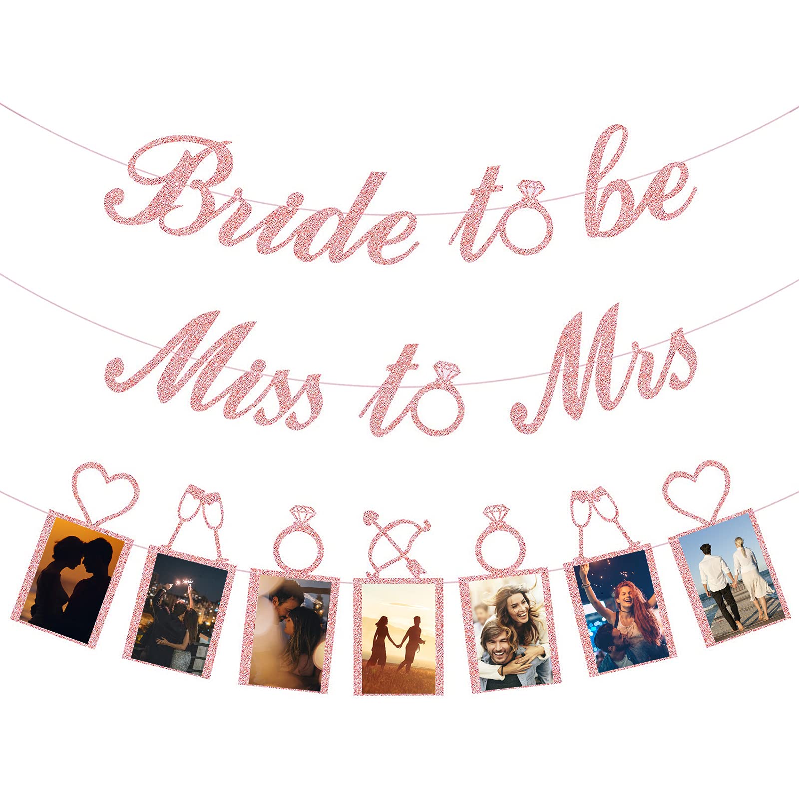 DONQL Bride to Be Banner, Miss to Mrs Banner, 6Pcs Rose Gold Hanging Album Frame with Clips Ropes, Glitter Hen Party Banners Hen Do Photo Booth Props Wedding Decorations
