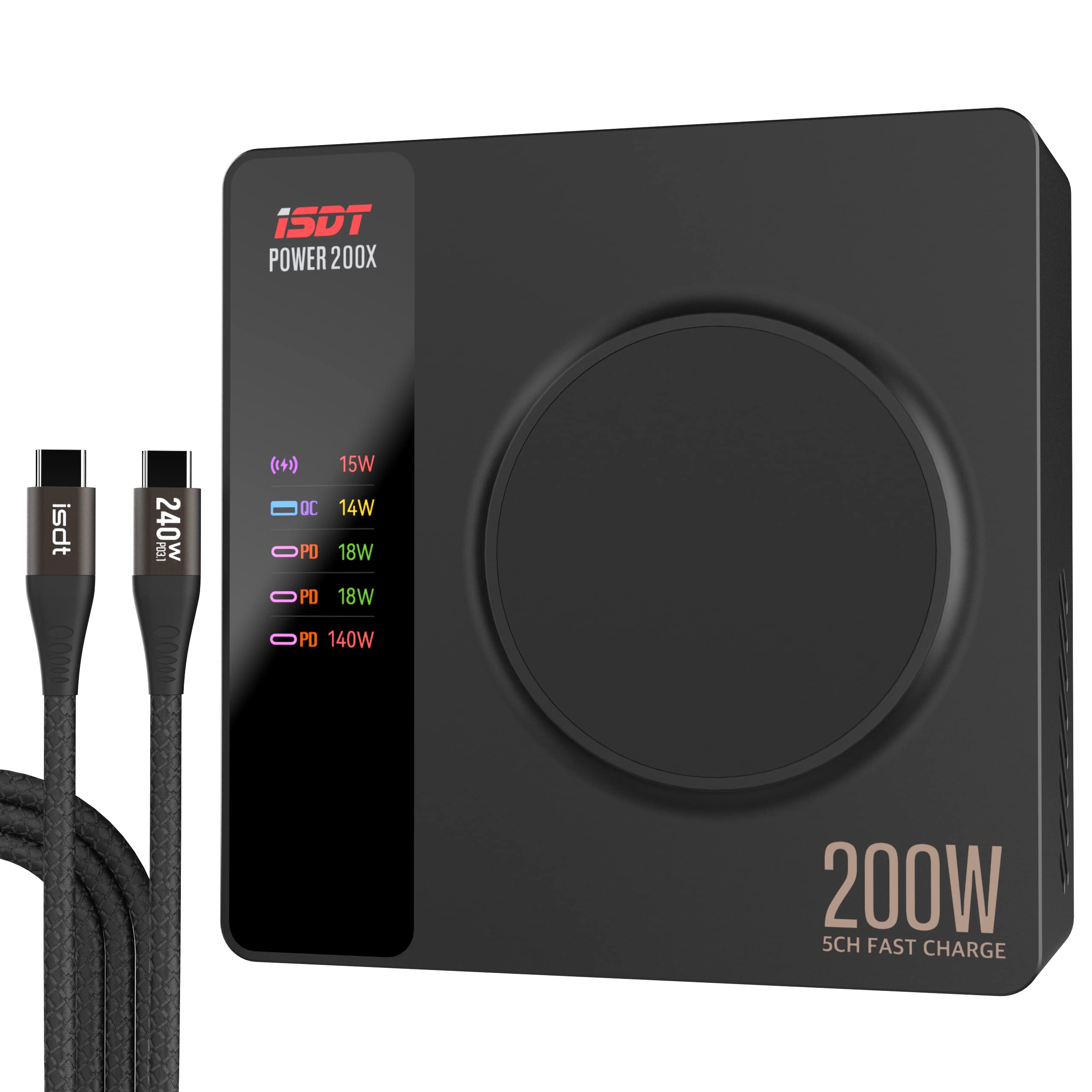 ISDT Power 200X 200W USB C Desktop Charging Station - 4+1 Ports Supports Fast chargingvarious Operating Systems with Power Adapter,with Magnetic Charging Function