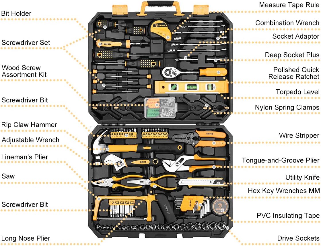 DEKOPRO 168 Piece Socket Wrench Auto Repair Tool Combination Package Mixed Tool Set Hand Tool Kit with Plastic Toolbox Storage Case - - 