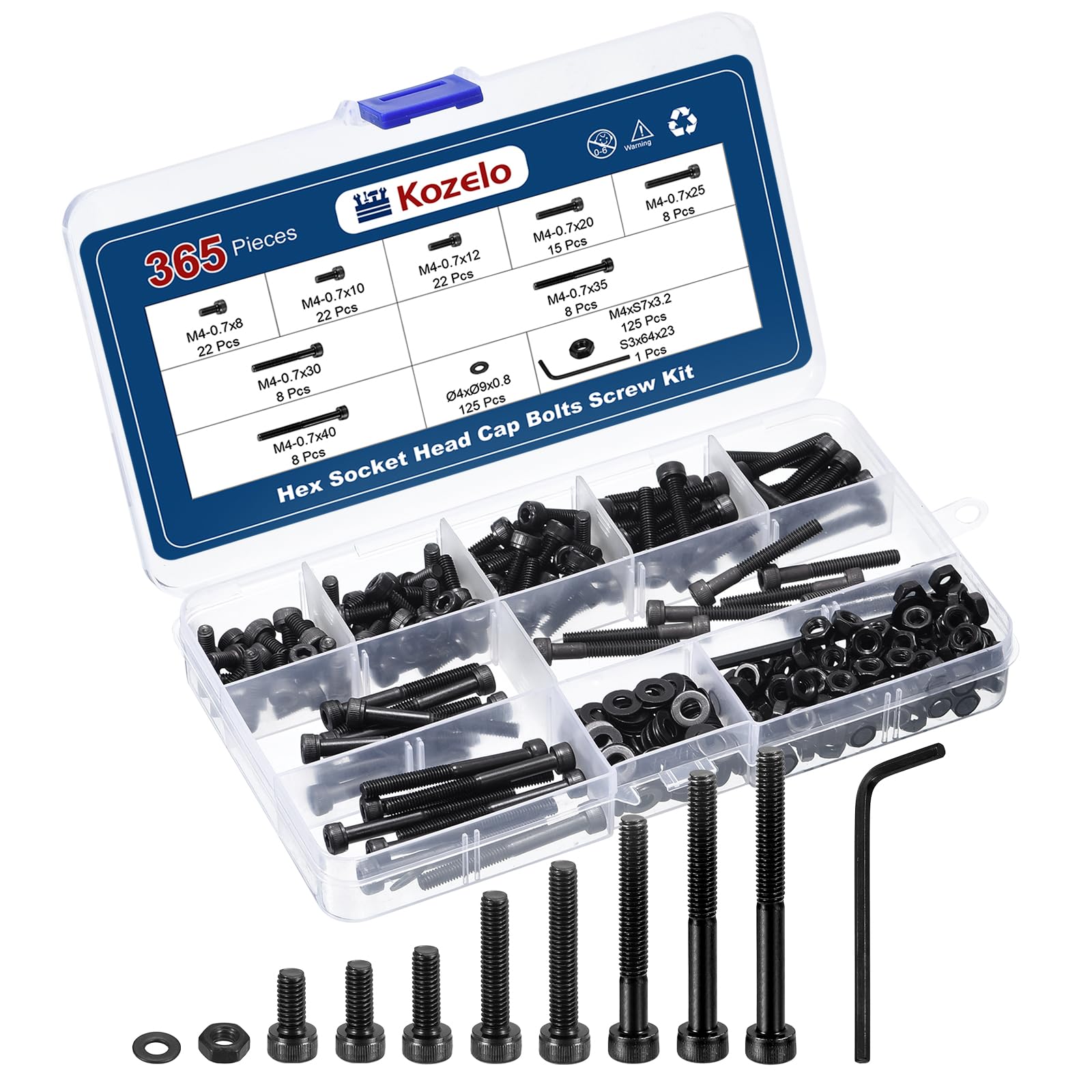 Kozelo 365pcs M4 Socket Head Cap Screws Bolts Nuts Assortment Kit - [M4x8/10/12/20/25/30/35/40mm] Alloy Steel Black Oxide 12.9 Internal Hex Screw for 3D Printer Use, with Wrench — image 1