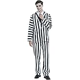 Opemon Halloween Costume for Men Black and White Striped Suit Adult Spooky Costumes Blazer Jackets 80s Scary Cosplay Outfit