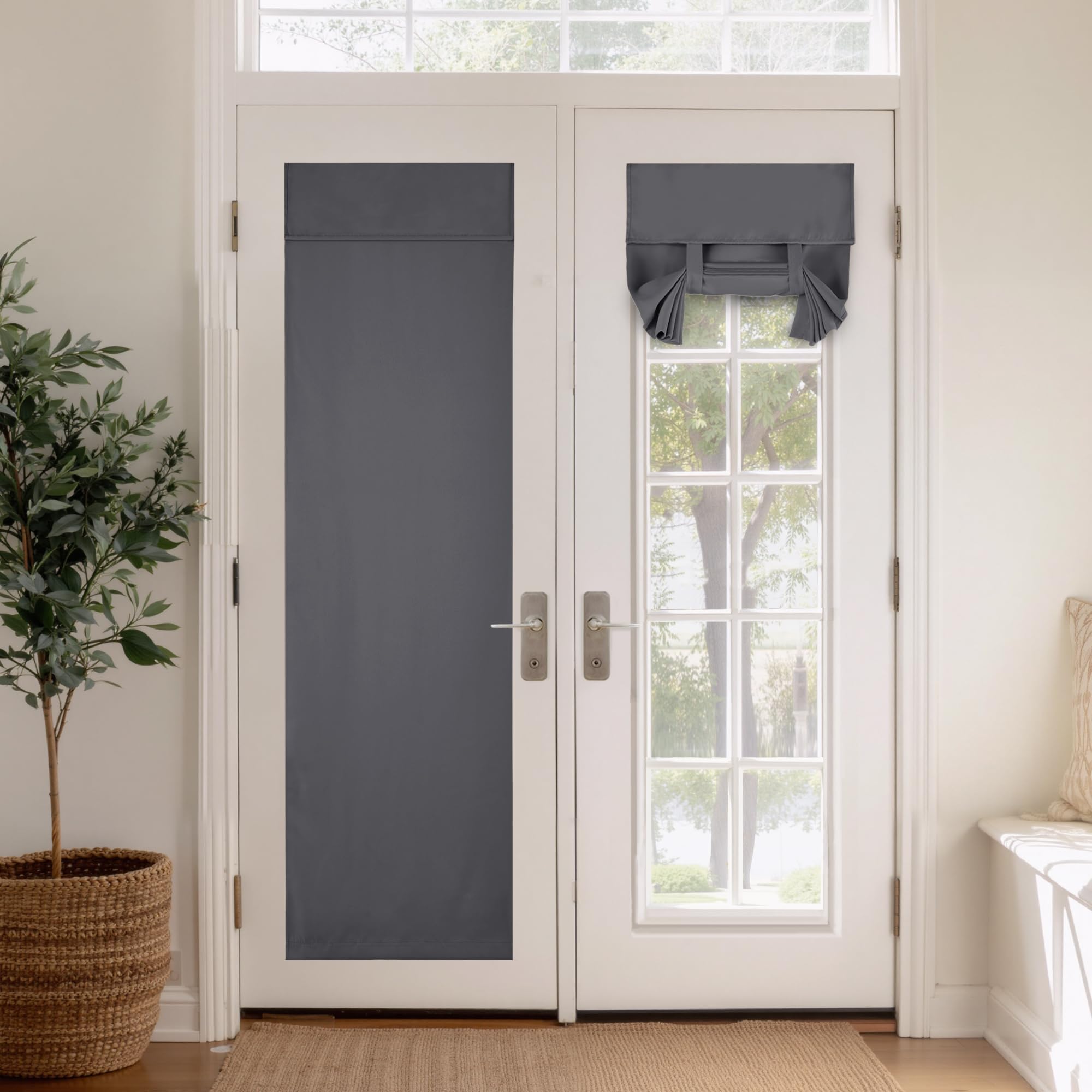 PONY DANCE French Door Curtain W26 x L69 inch - Blackout Door Curtains for Patio/Front Door, Sticker Room Darkening Privacy Protect Panel No Drilling Portable Tie Up Shades, Grey, Set of 2