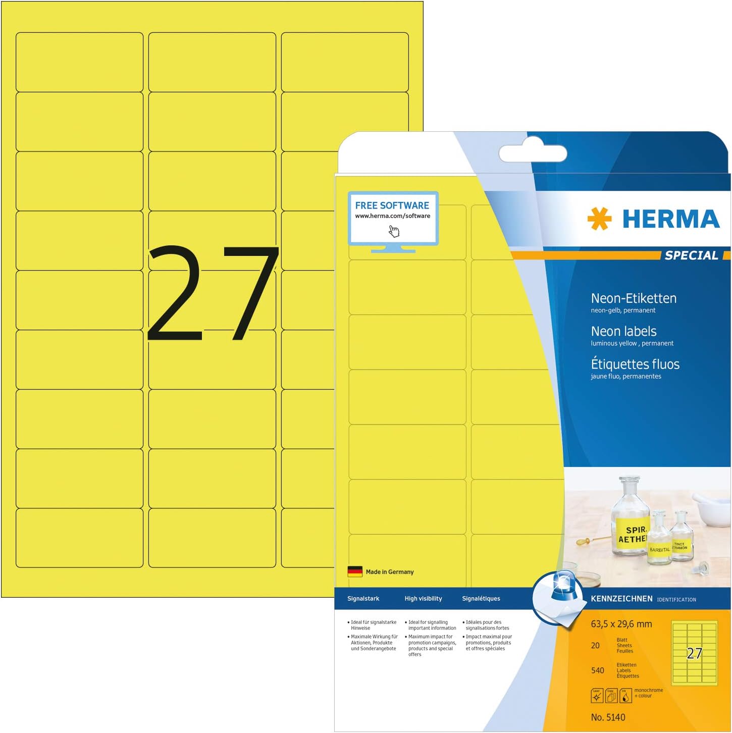 HERMA Self Adhesive Coloured Labels, 27 Labels Per A4 Sheet, 540 Labels
