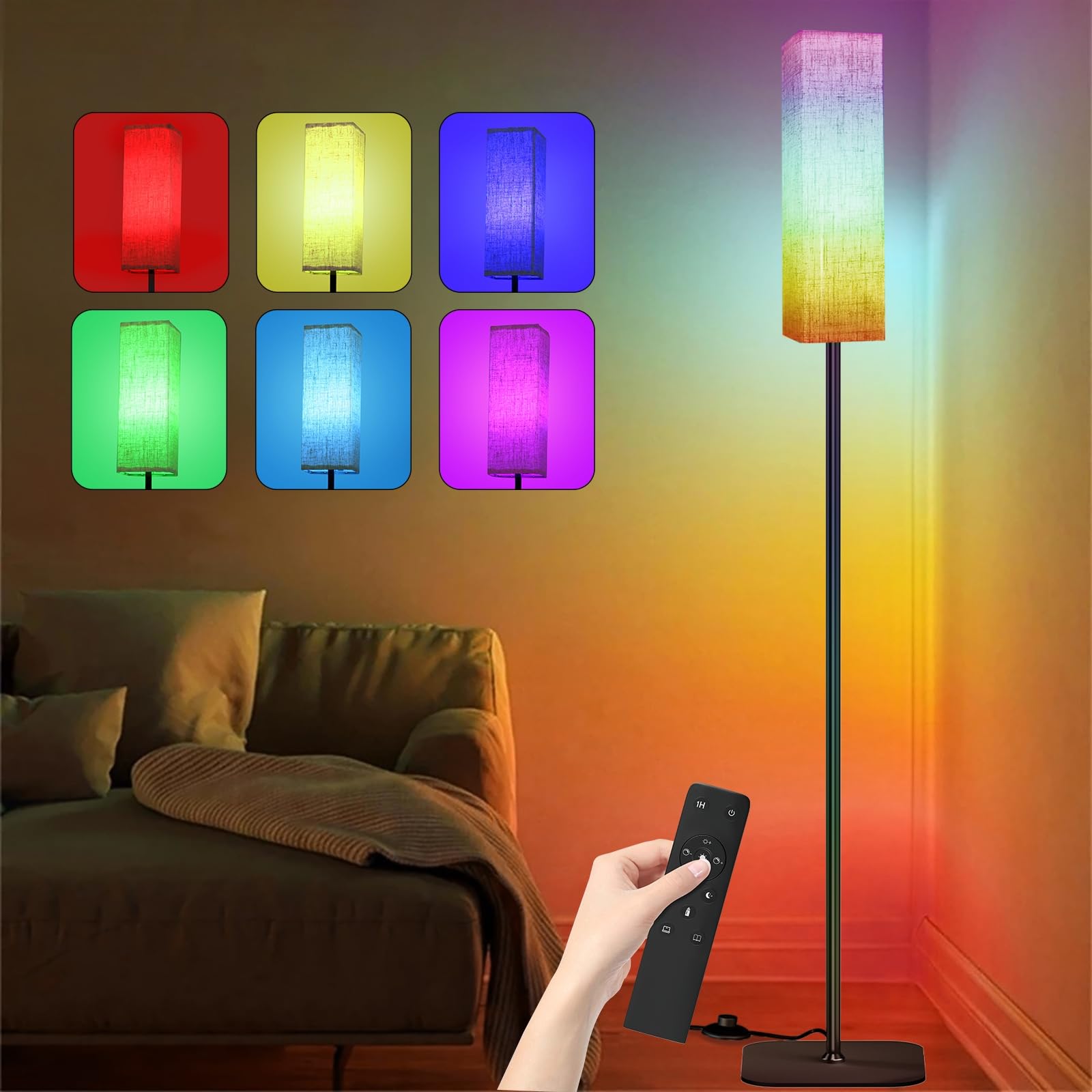 CRLL Floor Lamp for Living Room, Modern Standing Lamps with Remote & Foot Switch, 2700k-6500k Dimmable Tall Reading Lamp with Linen Shade | Standard Lamp Night Light for Bedroom Office (RGB, Square)