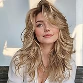 EMMOR Short Curly Wigs with Fringe,Wavy Bob Wigs for Women Heat Resistant Synthetic Blonde Wigs Shoulder Length Wigs Natural Looking(Mixed Blonde with Dark Roots