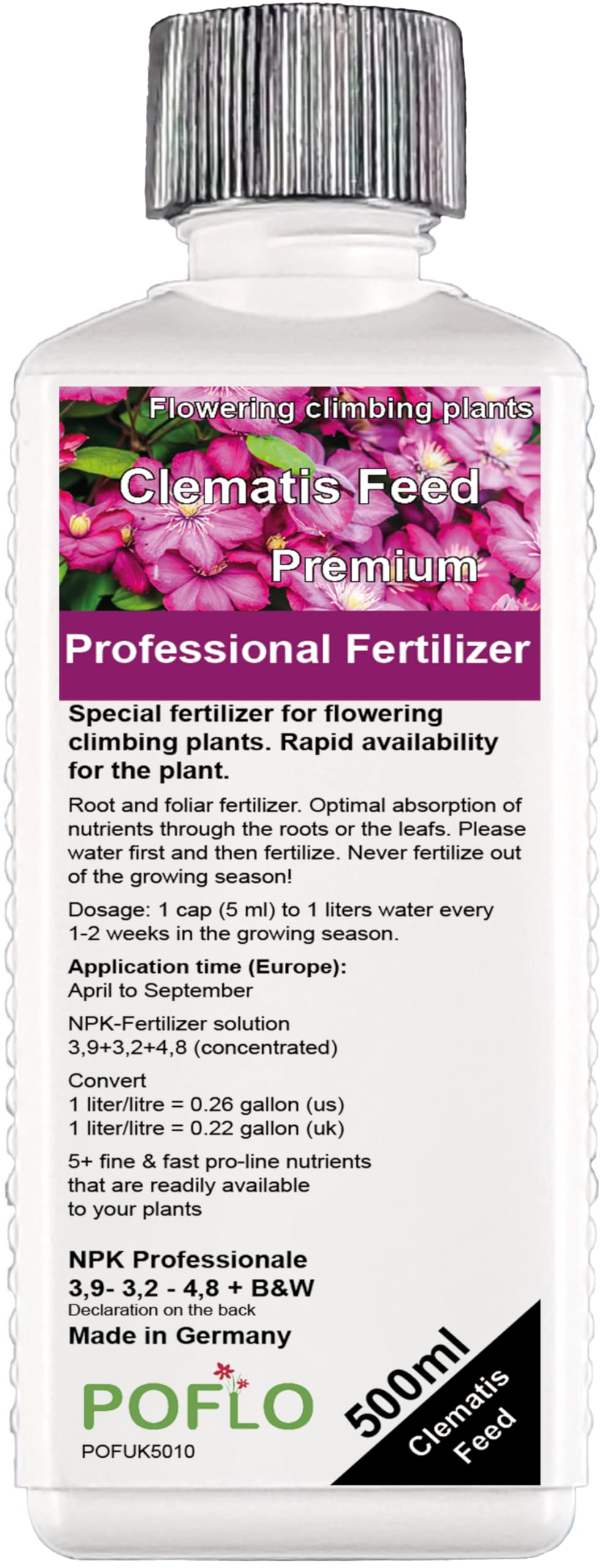 POFLO Special NPK liquid fertilizer for clematis and flowering climbing plants. Professional High-tech complete fertilizer 500ml