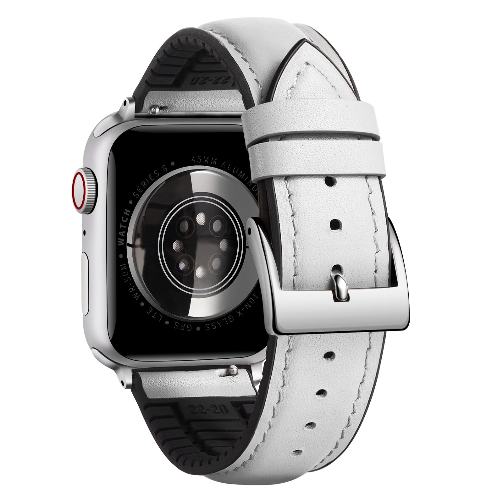BINLUN Compatible with Apple Watch Bands Leather Soft Silicone Inner Hybrid Sweatproof 42mm 44mm 45mm 46mm 49mm Watch Strap for iWatch Ultra SE Series 11/10/9/8/7/6/5/4/3/2/1(Silver Buckle,White)