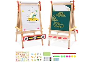 JOONLY Kids Easel with Paper Roll Adjustable Double-Sided Whiteboard & Chalkboard Standing Easel for Kids Art Easel for Boys Girls