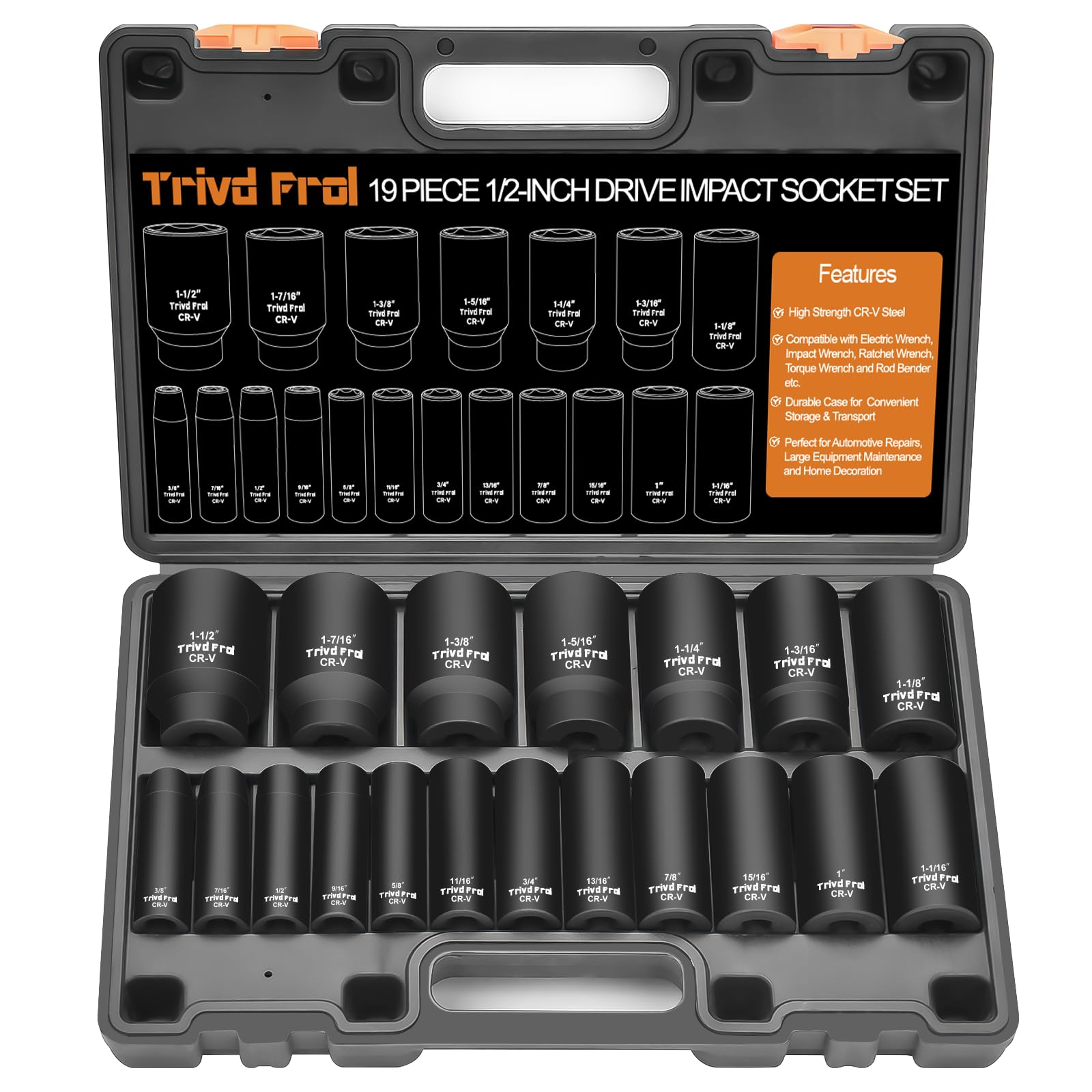Photo 1 of *Scratched* SAE Impact Socket Set - 1/2" Drive, 19pc Deep Socket Set 3/8" to 1-1/2", Cr-V Steel, Double Lock Case