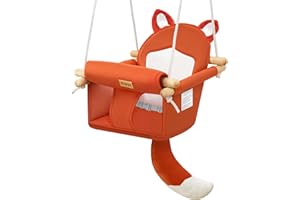 ASKCAT Wooden Baby Swing with Soft Safety Belt, Cozy Infant Swing Seat for Indoor & Outdoor Use, Adjustable Height, Includes Mounting Hardware – Suitable for Babies & Toddlers（Fox-Themed in Red）