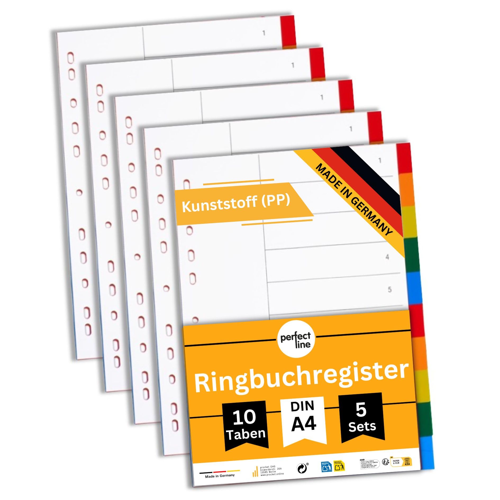 perfect line Plastic File dividers A4, Folder dividers for Lever Arch Files, 10-piece, Set of 5, PP Synthetic, Made in Germany