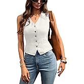 vinglam Women's Pure Linen Cropped Button V Neck Back Tie Waistcoat 100% Linen Vest with Pocket