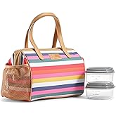 Fit & Fresh Cloverdale Adult Insulated Lunch Bag with Side Pouch & Carry Handles, Complete Lunch Kit Includes 2 Containers, Colorful Stripe