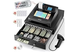 PYY Cash Register for Small Businesses with Scanner - Electronic Commercial Caja Registradora para Negocio with Black Large Lock Cash Drawer Box, 48 Keys, 8 Digital Dual Display for Supermarket