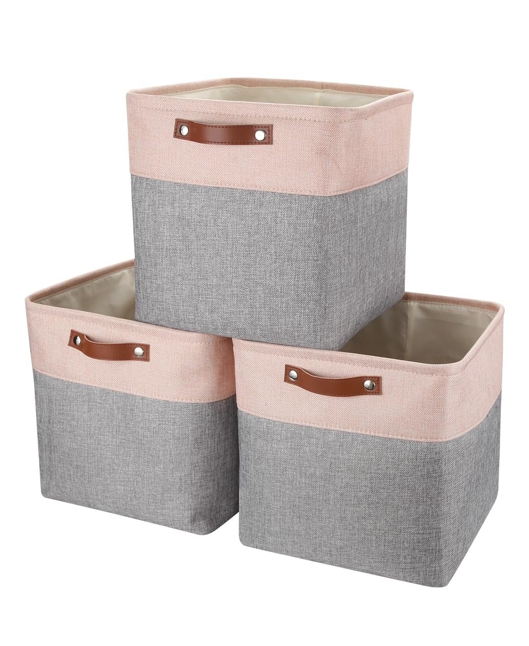 Mangata Storage Boxes, Set of 3 Fabric Storage Cubes with Handles(33x38x33cm, Grey Pink) — image 1