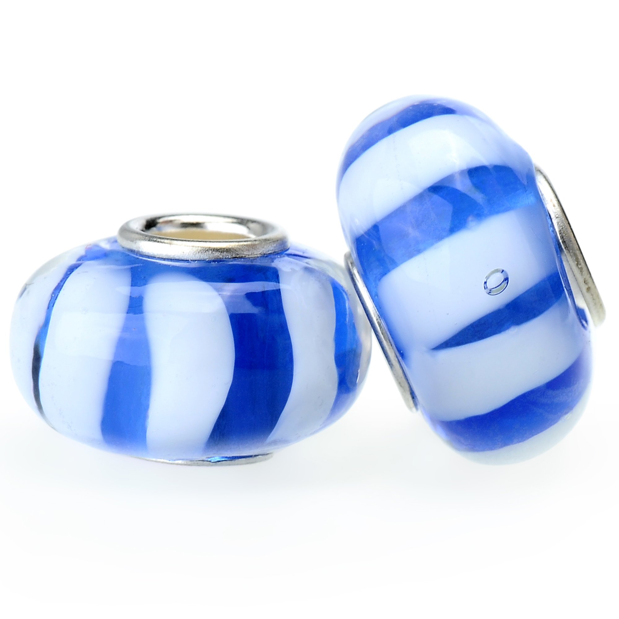 RUBYCA Blue Murano Glass Charm Beads Silver Colour Core fit European Bracelet for Jewellery Making 6pcs