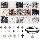 PH PandaHall 348pcs 9 Styles Round Stone Beads Bracelet Making Kit Cross Stone Beads 6/8mm Natural Synthetic Stone Jewelry Set Rosary Beads with Spacer for Friendship Bracelet Necklace Earrings