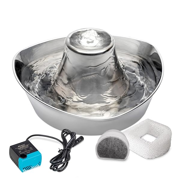 PETSAFE SEASIDE PET WATER FOUNTAIN (60 OZ/1.8L WATER CAPACITY) STAINLESS STEEL CAT WATER FOUNTAIN, HELPS PREVENT PET ACNE, SCRATCH AND RUST-RESISTANT MATERIAL