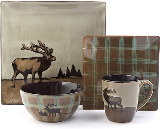 Amazon Com 16 Piece Roaming Cabin Elk Stoneware Dinnerware Set