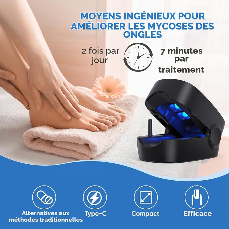 Dispositif de Laser pour Mycose Des Ongles, Berrlly Dispositif des Champignons des Ongles Portable Lumière Bleue 460nm Très Efficace, Facile à Utiliser à Maison pour Améliorer Ongles Endommagés (Noir) — photo 4 sur 8