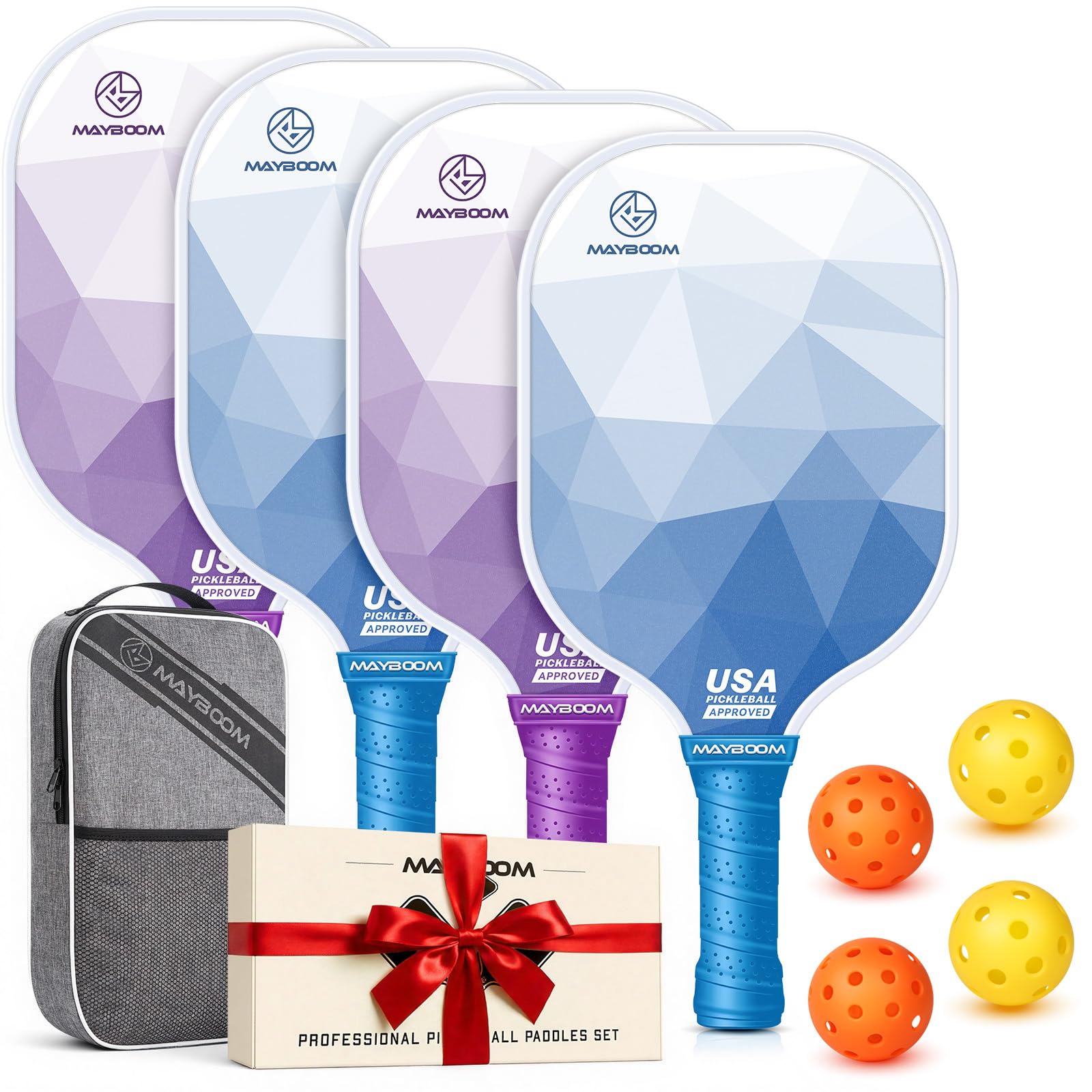 Pickleball Paddles Set of 2 or 4, USAPA Approved Pickleball Paddles Set with 4 Pickleball Balls and Pickleball Carry Bag, Fiberglass Pickle Ball Rackets 2 Pack for Beginners(Crystal 4Set) Image