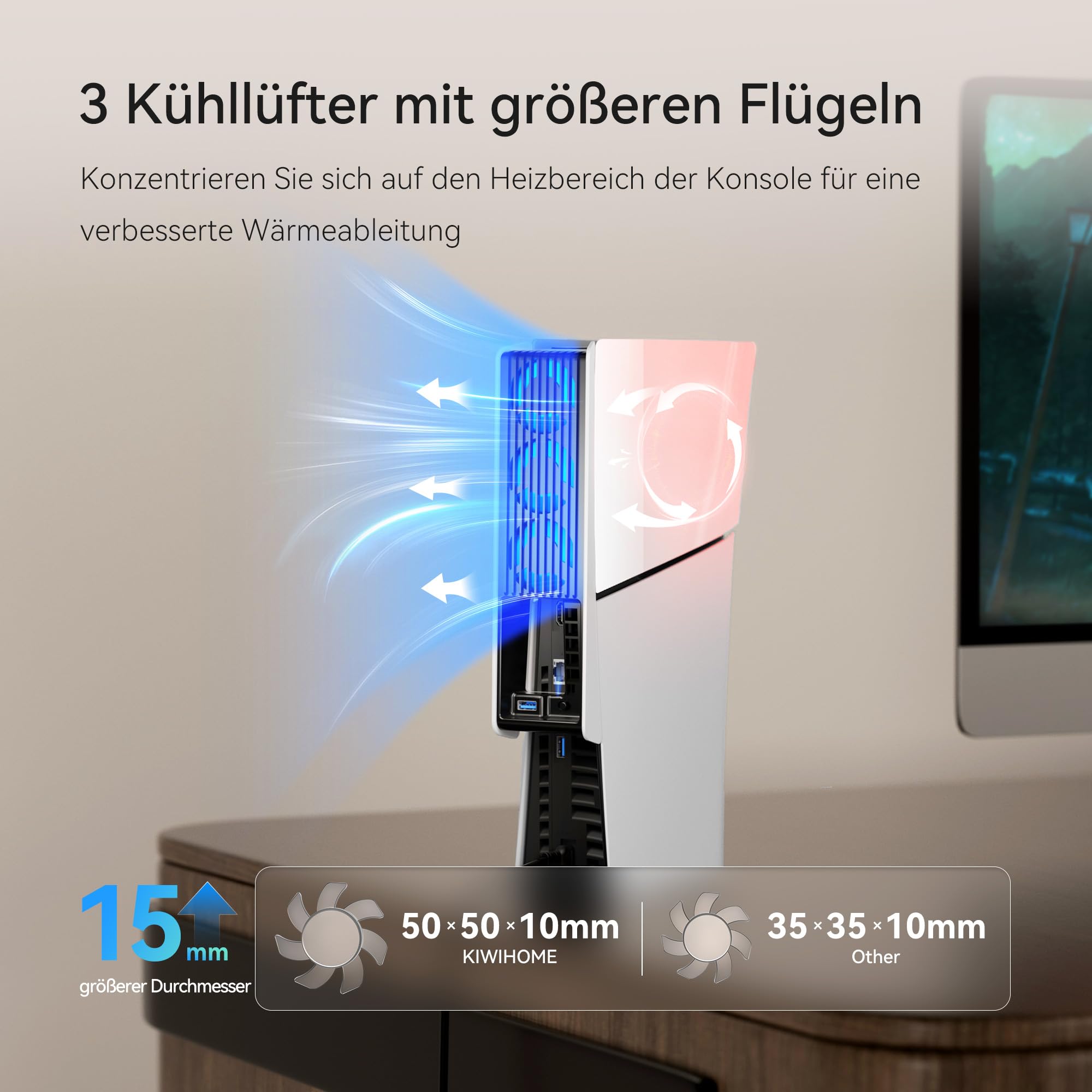 KIWIHOME PS5 Lüfter mit automatischer Geschwindigkeitseinstellung, leiseres Kühlzubehör LED-Licht und USB3.0-Hub für slim Disc & Digital Editionen 2