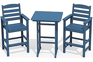 SERWALL Balcony Adirondack Chairs and Table 3 Pieces Set, Oversize Adirondack Bar Height Chairs Set of 2 and Bar Table, Outdoor Bar Stools Set, Blue