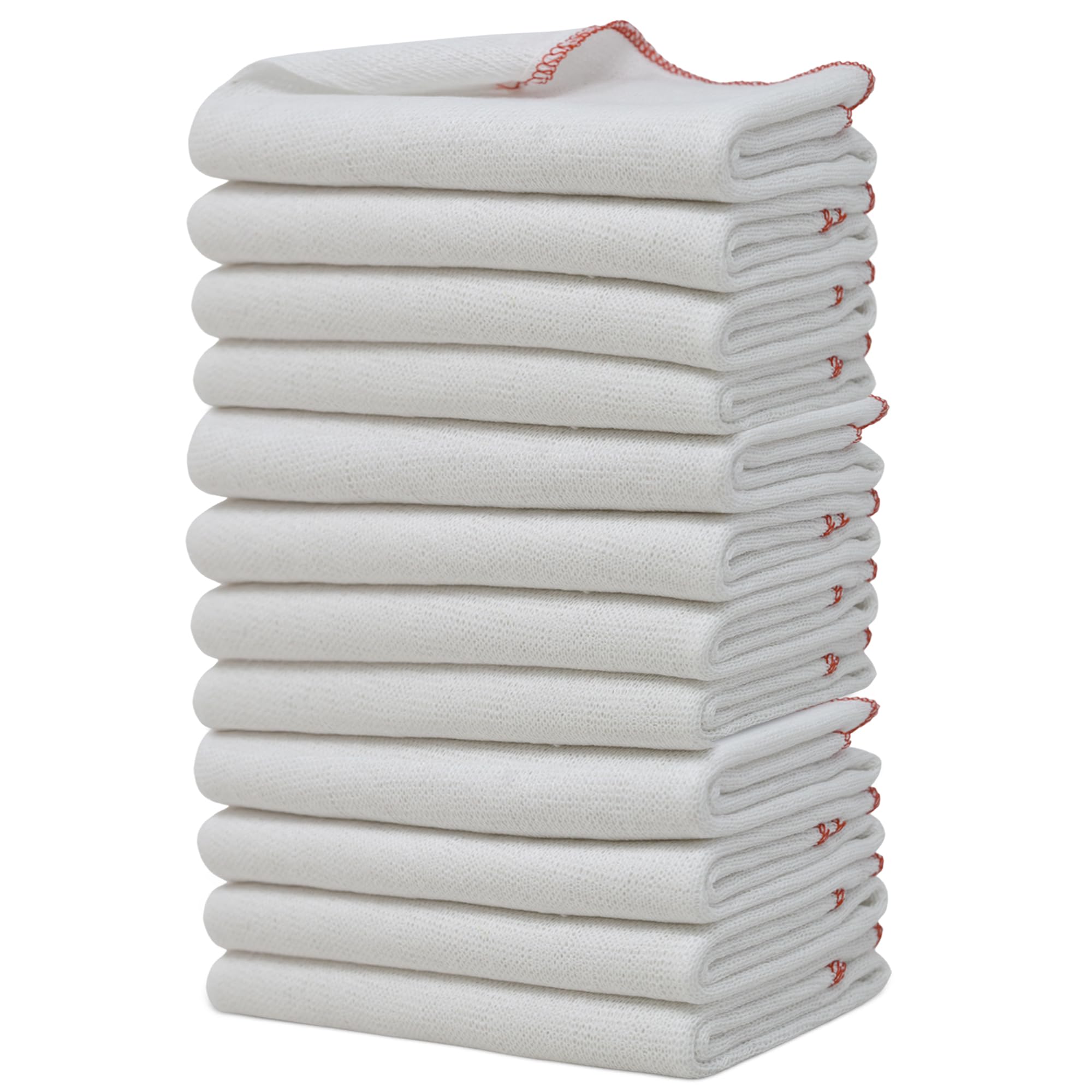 Towelogy Jumbo Dish Cloths for Washing Up | Cotton Set of 12-38 x 45cm (White/Red Edges)