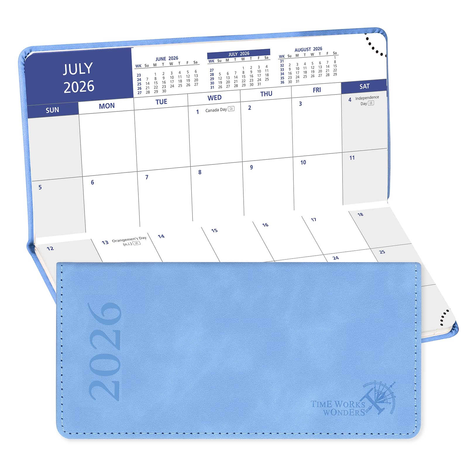 Photo 1 of POPRUN 2026 Pocket Monthly Calendar (Jan - Dec), Slim Mini Size-3" x 6.75", 2026 Small Monthly Planner for Purse with Tear-Off Corners, Leather Soft Cover - Cerulean Blue