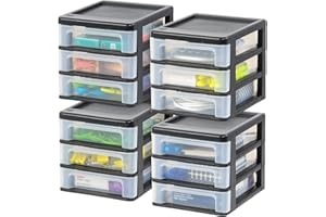 IRIS USA Small 3-Drawer Desktop Organizer, 4 Pack, Stackable, for Office, School, Stationary, Makeup Organizer, Bathroom, Utility, Medical Supplies, Desk Organizer, Versatile Storage, Black