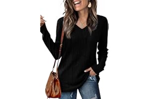 Saloogoe Womens Long Sleeve Tops V Neck Shirts Lightweight Tunic Sweaters Fashion 2024