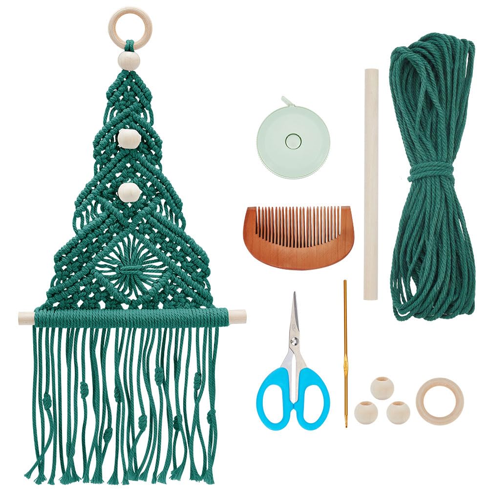 INFUNLY Christmas Tree Macrame Kit Winter DIY Macrame Kit for Adult Beginners Green Xmas Tree Macrame Wall Hanging Macrame Cord Kit for Christmas Halloween Home Room Decor with Instruction