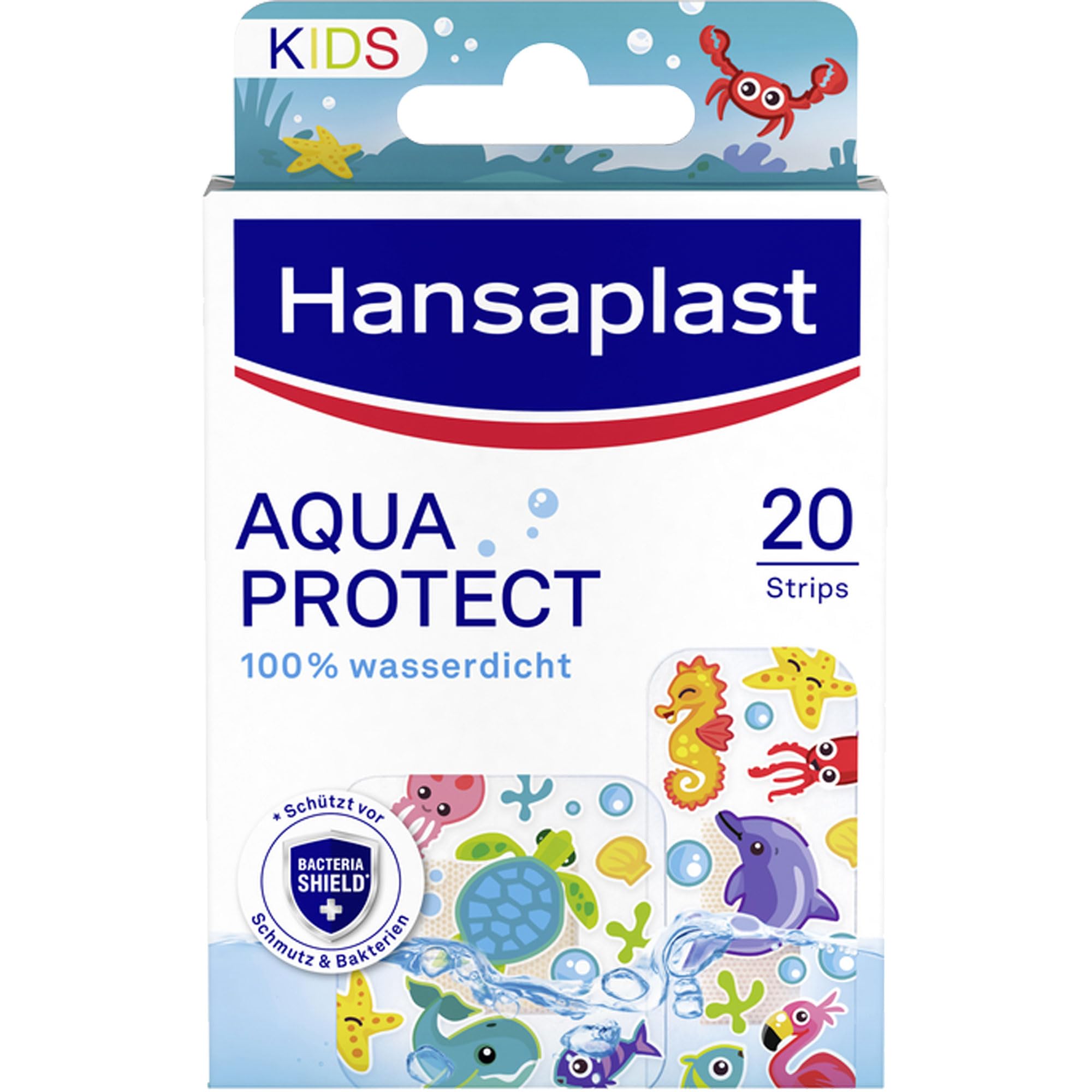 Hansaplast Aqua Protect Kinderpflaster (20 Strips), Wasserdichte Pflaster für Kinder zum Schwimmen und Baden, atmungsaktive Wundauflage mit zuverlässiger Klebkraft