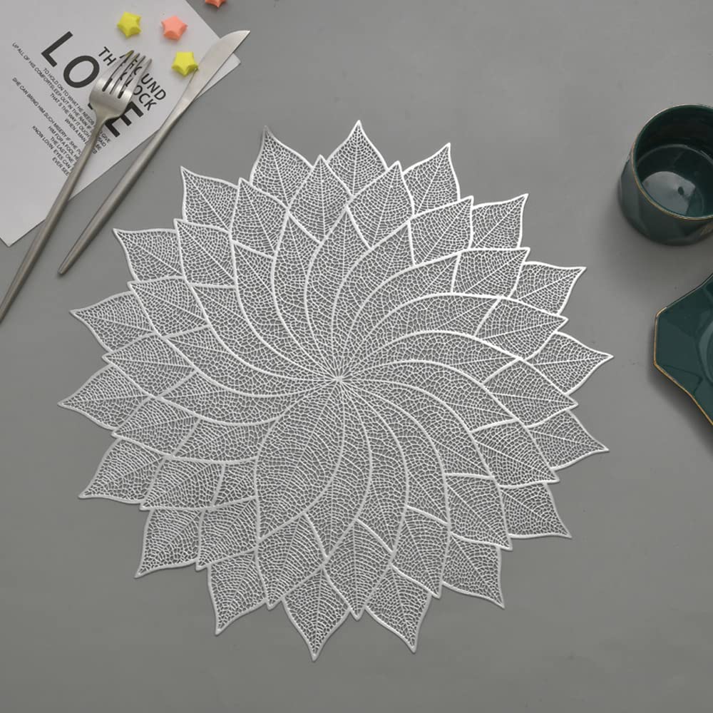 Hosoncovy 4 Pack Decorative Leaf PVC Flower Placemats - Hollow Dining Table Place Mats - Heat Resistant Non-slip Dining Placemats - Silver