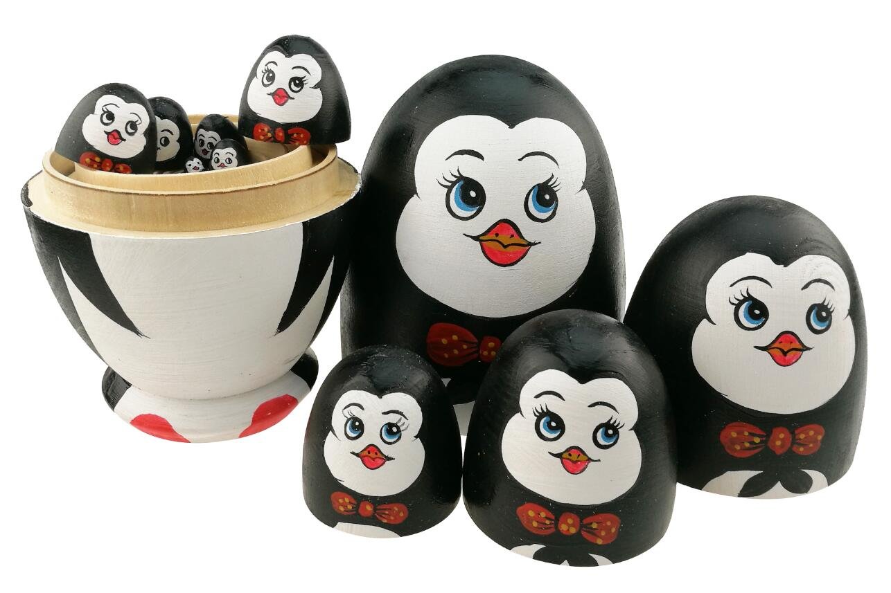 Cute Animal Theme Penguin with Bowtie Egg Shape Wooden Handmade Nesting Dolls Matryoshka Dolls Set 10 Pieces for Kids Toy Birthday Home Kids Room Decoration