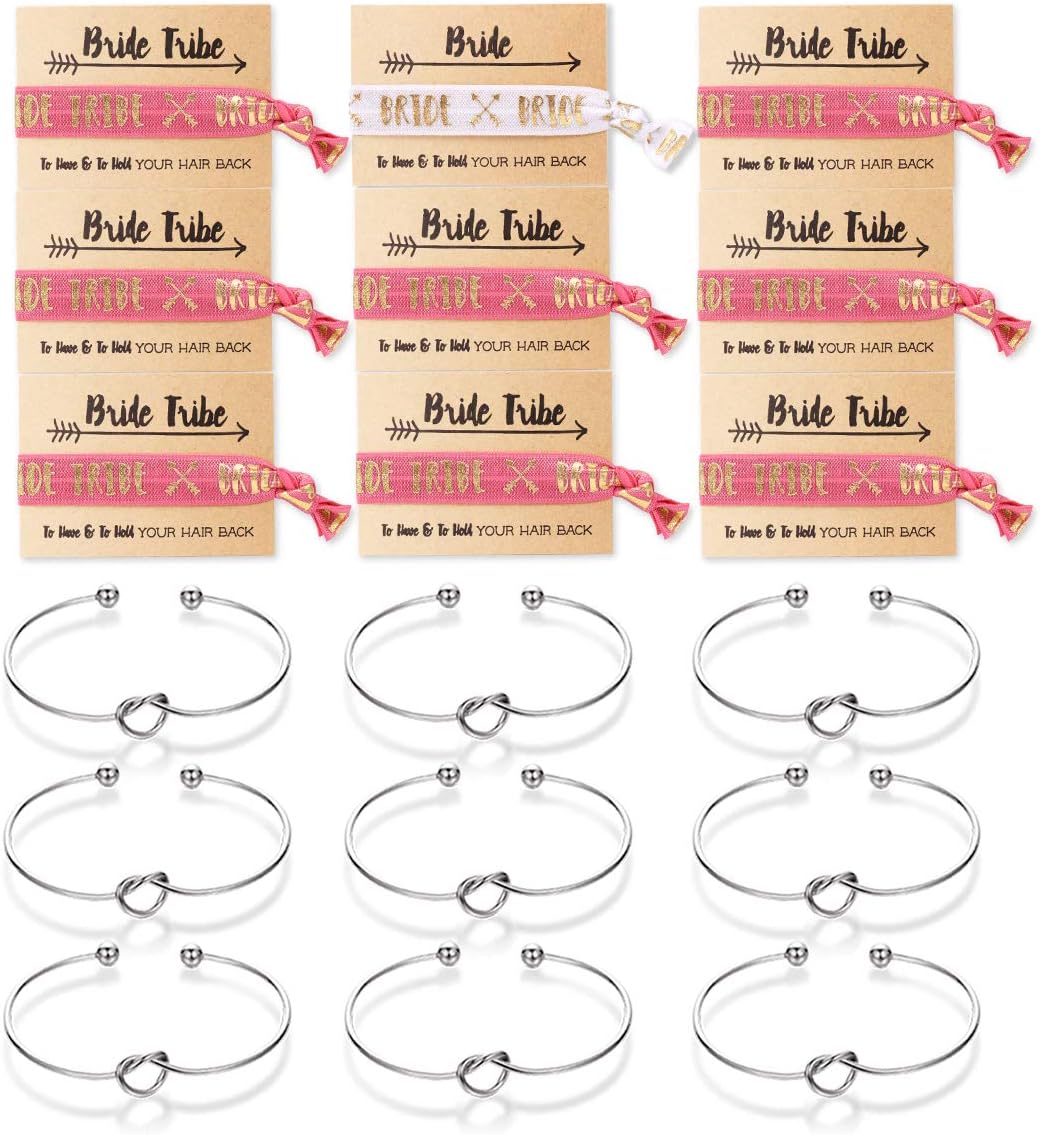 MOOKOO Bridemaid Love Knot Bracelets Set 9 7 6 Set Bride Tribe Hair Tie and Bracelets Bridal Shower Cuff for Girls Women