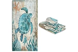 Vdsrup Vintage Ocean Turtle Bathroom Towels Set of 3 Sea Shells Starfish Bath Hand Towel Soft Washcloth Beach Face Guest Towel Kitchen Tea Dish Towels Housewarming Gifts