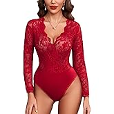 Avidlove Lace Bodysuit for Women Sexy Long Sleeve V Neck Body Suits Going Out Tops Snap Crotch One Piece Teddy Lingerie