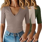 Riyiper 3 Pack Womens Half Sleeve V Neck Ribbed Tops | Elbow Sleeve Length Shirts, Ladies 95% Cotton Blend Casual Tees, Slim Fit Basic Undershirts, Soft and Lightweight for Summer
