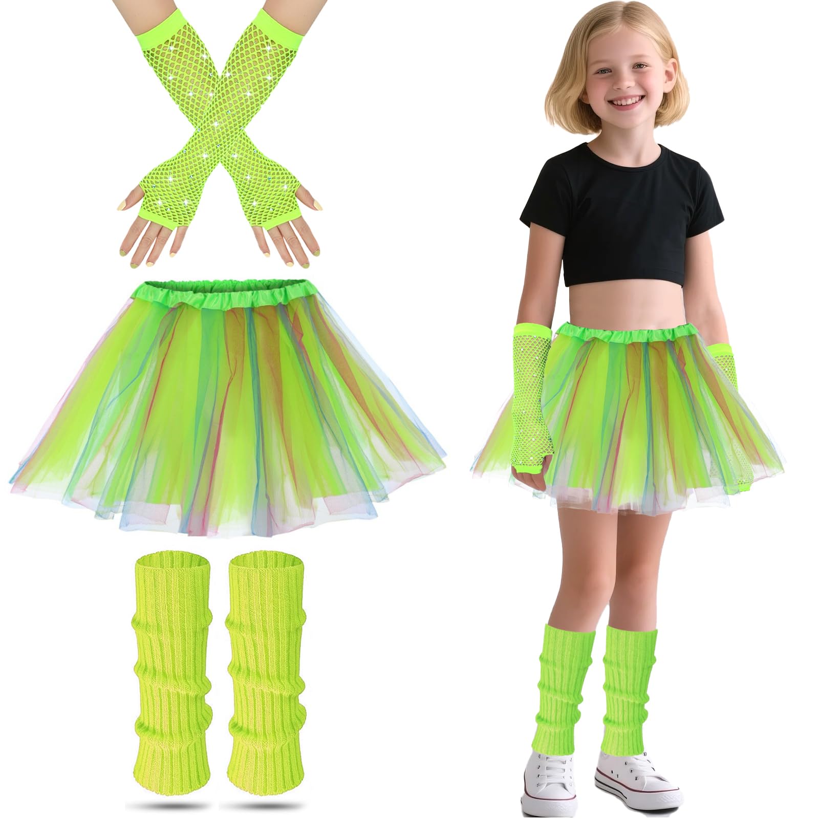 80s Fancy Dress for Kids Rockstar Costume, 80s Outfits Kids Neon Tutu Set Girls Leg Warmers Fishnets Gloves and Fancy Dress Tutu for 1980s Theme Party Disco Party Costume Carnival Gathering (Green) โ image 1