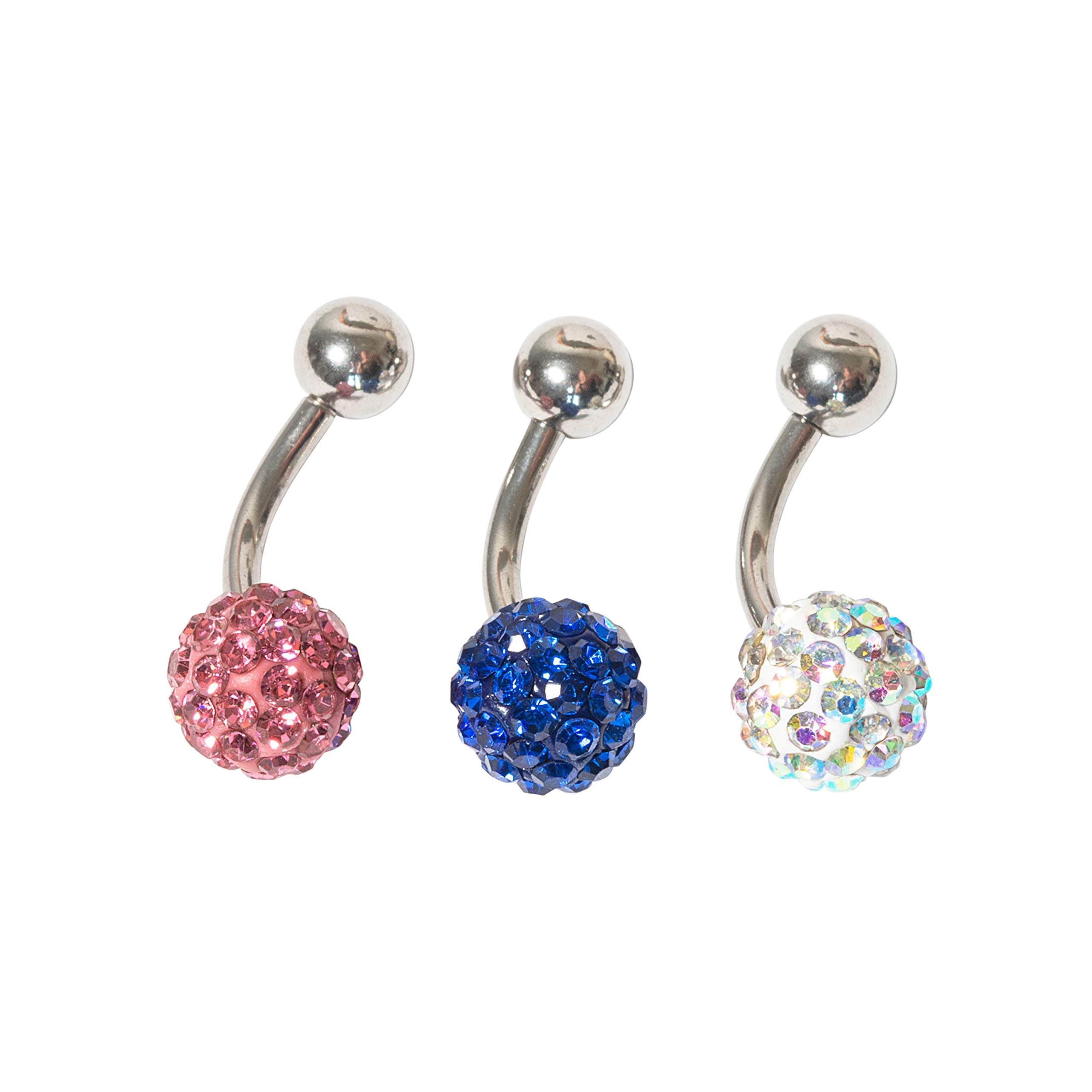 Single Shamballa/Ferido 316L 10mm Surgical Steel Belly/Naval Bar | Crystal Jewel Bars (Set of 3 - AB Rainbow, Pink, Blue Single Shamballa)