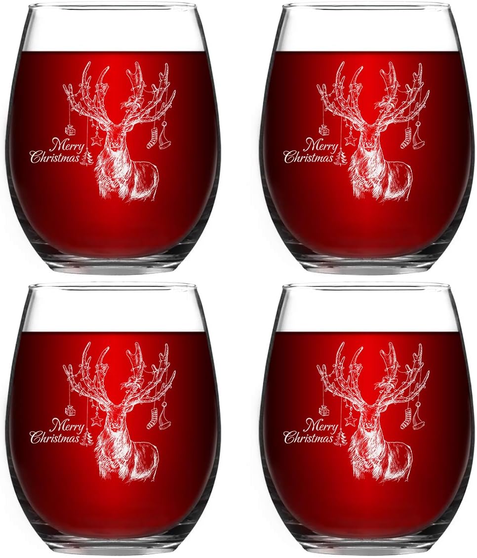 Christmas Reindeer Stemless Wine Glass Set, 15 Oz Stemless Wine Glasses for Women Friends Men, Wonderful Christmas Idea for Mom Wife Girlfriend Sister Wedding Birthday Party, Set of 4